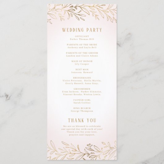 Botanisches Hochzeitsprogramm in Rosengold Menükarte (Rückseite)