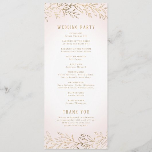 Botanisches Hochzeitsprogramm in Rosengold Menükarte (Rückseite)