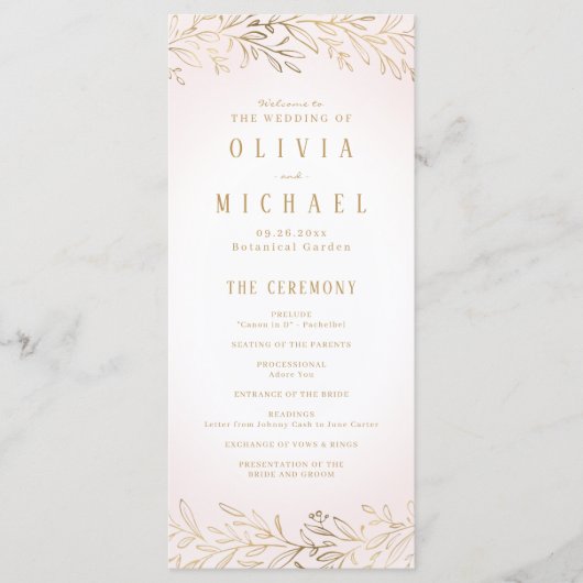 Botanisches Hochzeitsprogramm in Rosengold Menükarte (Vorderseite)