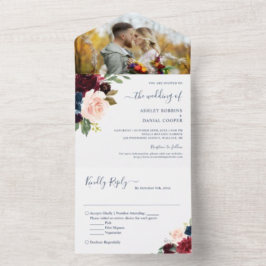 Botanisches Hochzeitssemble für die Marine Burgund All In One Einladung (Innen Boden)