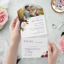 Botanisches Hochzeitssemble für die Marine Burgund All In One Einladung