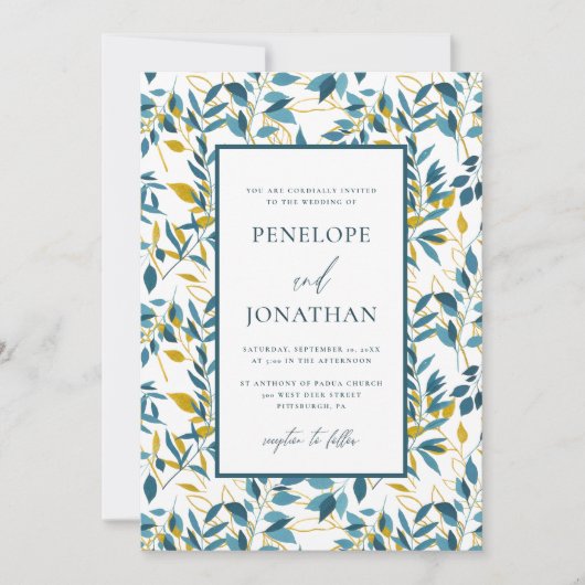 Botanisches Hochzeitssemble für Rustikales Blau un Einladung (Vorderseite)