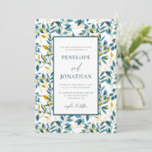 Botanisches Hochzeitssemble für Rustikales Blau un Einladung (Stehend Vorderseite)