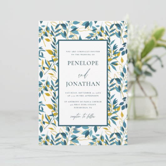 Botanisches Hochzeitssemble für Rustikales Blau un Einladung (Stehend Vorderseite)