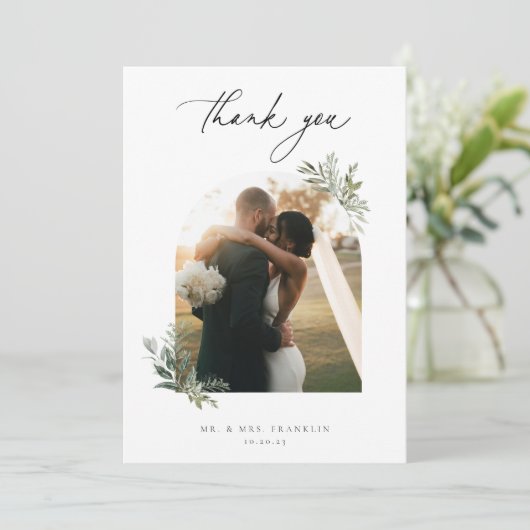 Botanisches Hochzeitsszenario-Foto Dankeskarte (Stehend Vorderseite)