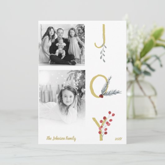Botanisches Holiday Joy Rustic Gold Minimales Foto Einladung (Stehend Vorderseite)