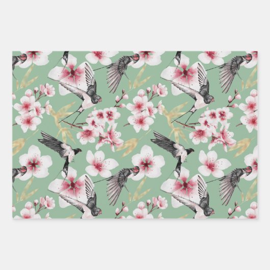 Botanisches japanisches Muster des Wasserfarbbird Geschenkpapier Set (Vorderseite 3)