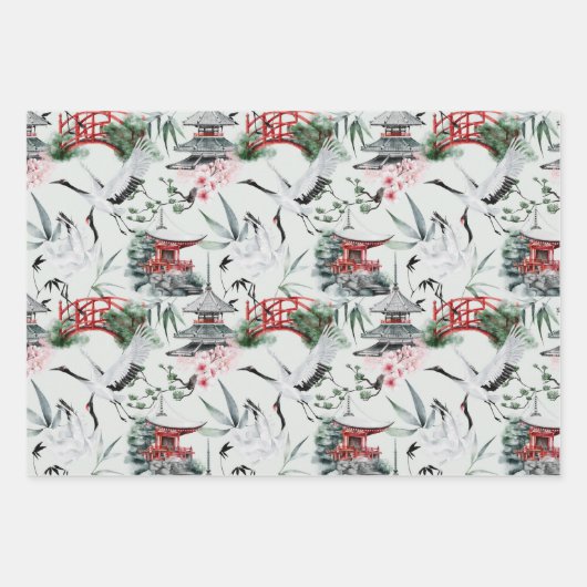 Botanisches japanisches Muster des Wasserfarbbird Geschenkpapier Set (Vorderseite)