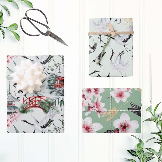 Botanisches japanisches Muster des Wasserfarbbird Geschenkpapier Set