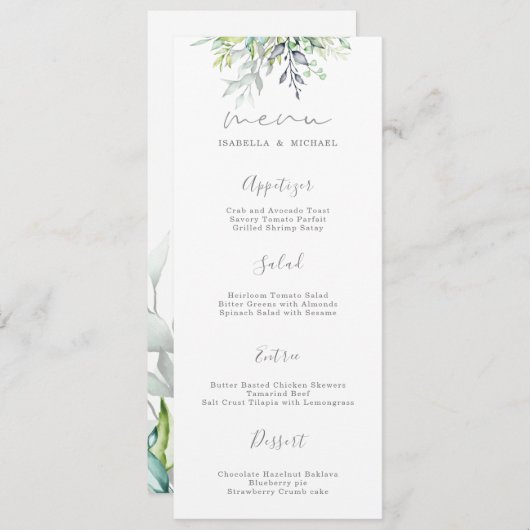 Botanisches kalligrafisches Hochzeitmenü Menükarte (Vorne/Hinten)