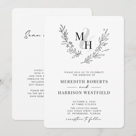 Botanisches Laurel Wreath QR Code Monogram Wedding Einladung (Vorne/Hinten)