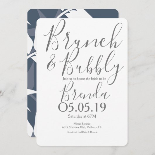 Botanisches Leaf Muster Navy Blauer Brunch Hochzei Einladung (Vorne/Hinten)