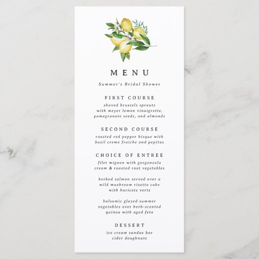 Botanisches Lemon Themed Brautparty oder Hochzeit Menükarte (Vorderseite)