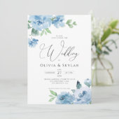 Botanisches Light Baby Blue QR in einer Hochzeit Einladung (Stehend Vorderseite)
