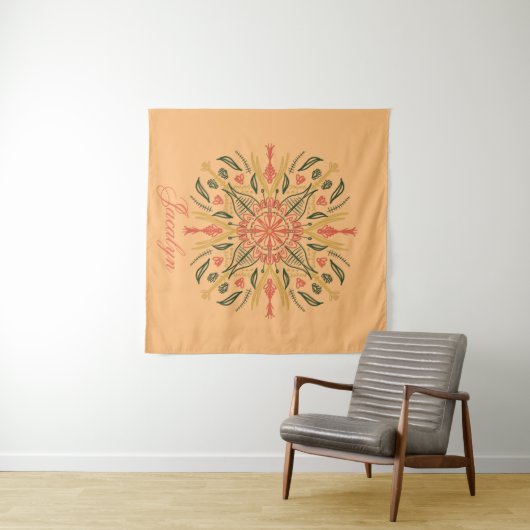 Botanisches Mandala Boho Orange Name Tapestry Wandteppich (Beispiel (Horizontal))