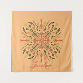 Botanisches Mandala Boho Orange Name Tapestry Wandteppich