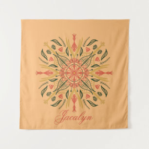 Botanisches Mandala Boho Orange Name Tapestry Wandteppich