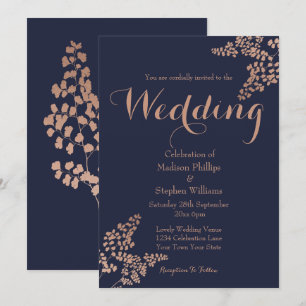 Botanisches Marineblau und Roségoldene Hochzeit Einladung