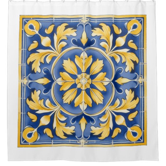 Botanisches Mittelmeer-Muster - Blau und Gelb Duschvorhang (Vorderseite)