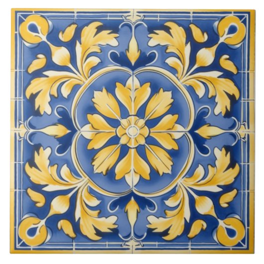 Botanisches Mittelmeer-Muster - Blau und Gelb Fliese (Vorderseite)