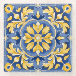Botanisches Mittelmeer-Muster - Blau und Gelb Glasuntersetzer