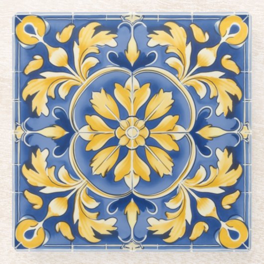 Botanisches Mittelmeer-Muster - Blau und Gelb Glasuntersetzer (Vorderseite)