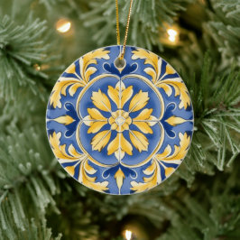Botanisches Mittelmeer-Muster - Blau und Gelb Keramik Ornament