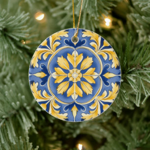 Botanisches Mittelmeer-Muster - Blau und Gelb Keramik Ornament
