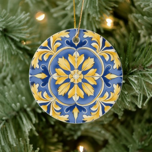 Botanisches Mittelmeer-Muster - Blau und Gelb Keramik Ornament (Baum)