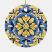 Botanisches Mittelmeer-Muster - Blau und Gelb Keramik Ornament (Hinten)