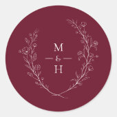 Botanisches Monogramm Burgunderrot Hochzeit Elegan Runder Aufkleber (Vorderseite)