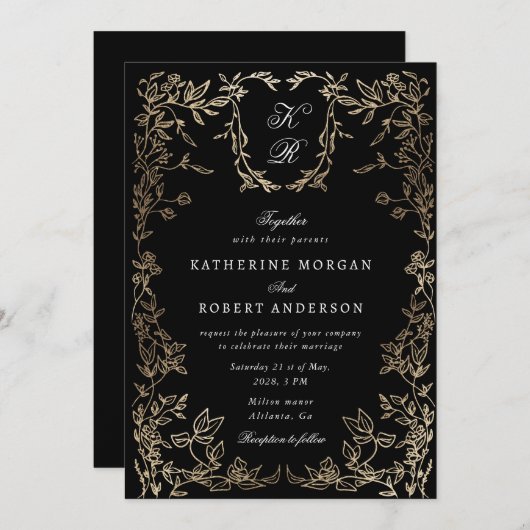 Botanisches Monogramm Einladung (Vorne/Hinten)