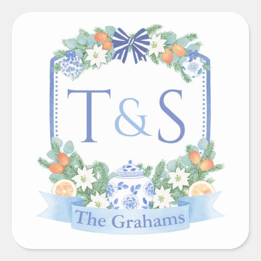 Botanisches Monogramm-Wappen Quadratischer Aufkleber (Vorderseite)