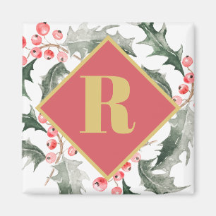 Botanisches monogrammiertes Weihnachts-Stechpalme Magnet