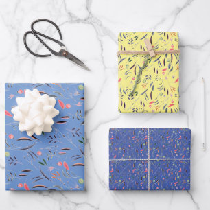 Botanisches Muster blau gelbe Geschenkpapier Set