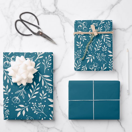 Botanisches Muster Deep Blue - Packpapier-Set Geschenkpapier Set (Vorderseite)