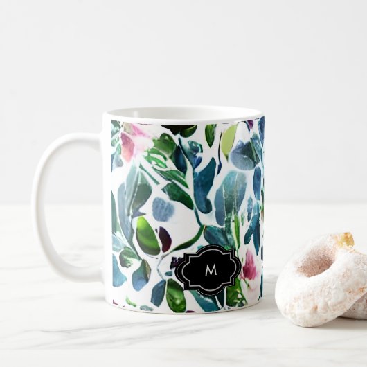 Botanisches Muster der Blume der Wasserfarbe mit M Kaffeetasse (Mit Donut)