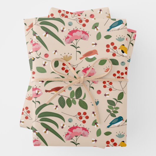 Botanisches Muster der handgezogenen Blütenbienen Geschenkpapier Set (Beispiel)