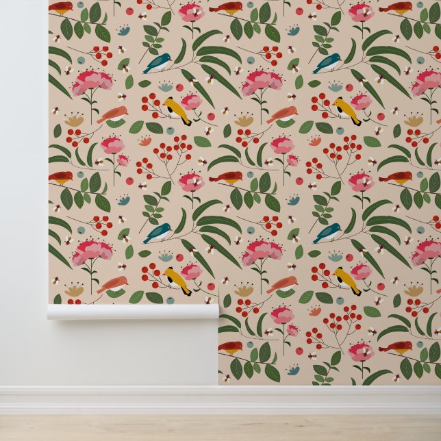 Botanisches Muster der handgezogenen Blütenbienen Tapete (Anwendung)