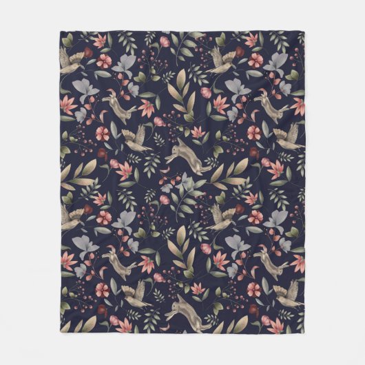 Botanisches Muster der Navy Blue Woodland Animal N Fleecedecke (Vorderseite)