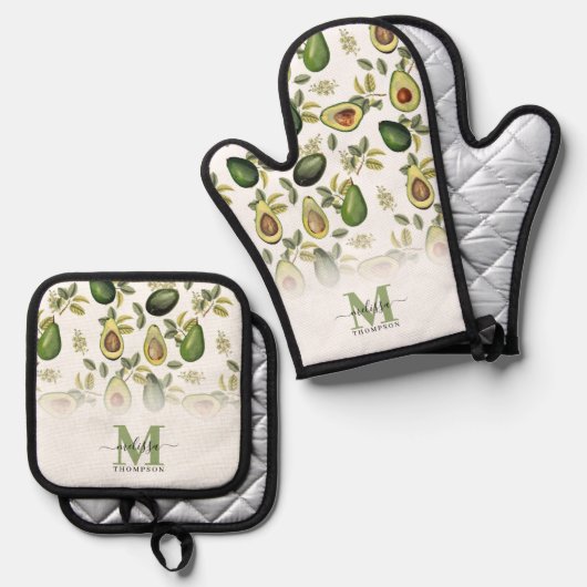 Botanisches Muster für Aquarellfarben Mit Monogram Ofenhandschuh & Topflappen-Set (Vorderseite/Rückseite)