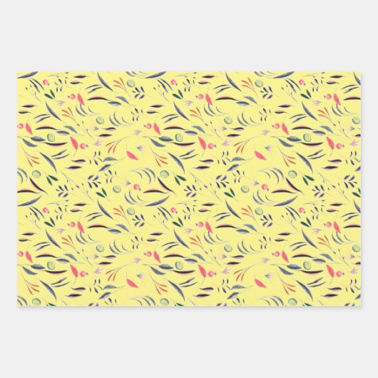 Botanisches Muster, grün-gelb, blaues Packpapier Geschenkpapier Set (Vorderseite)