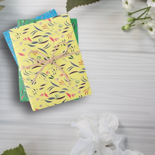 Botanisches Muster, grün-gelb, blaues Packpapier Geschenkpapier Set
