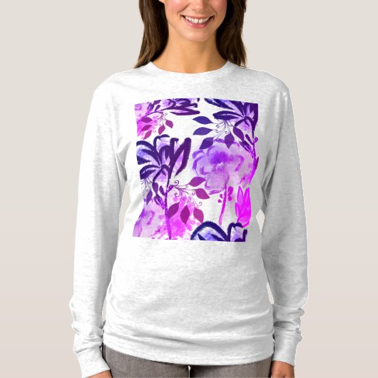 Botanisches Muster in Pink Purple Blumen T-Shirt (Vorderseite)