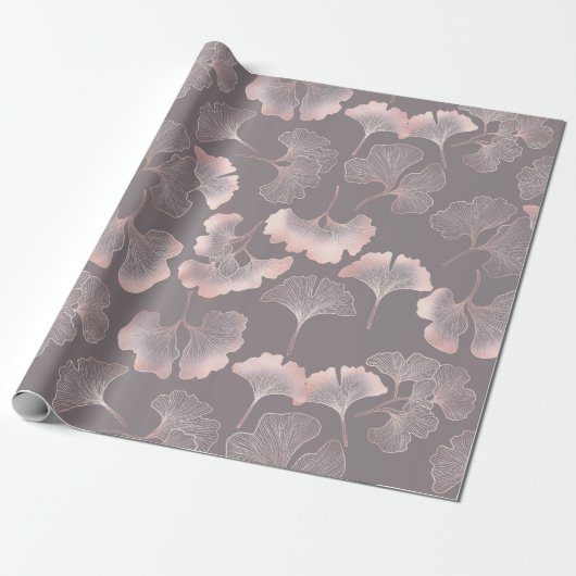 Botanisches Muster mit rosa Ginkoblatt Geschenkpapier (Ungerollt)
