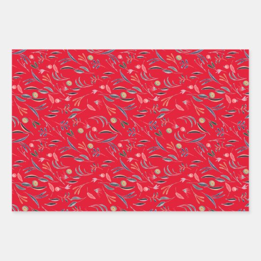 Botanisches Muster, rot-grau, weißes Packpapier Geschenkpapier Set (Vorderseite)