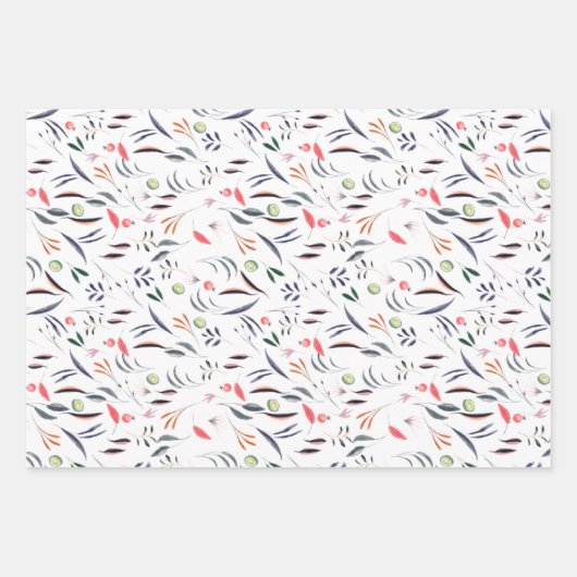 Botanisches Muster, rot-grünes weißes Packpapier Geschenkpapier Set (Vorderseite)