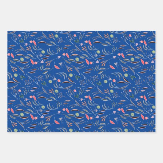 Botanisches Muster verlassen lila blaues Packpapie Geschenkpapier Set (Vorderseite)