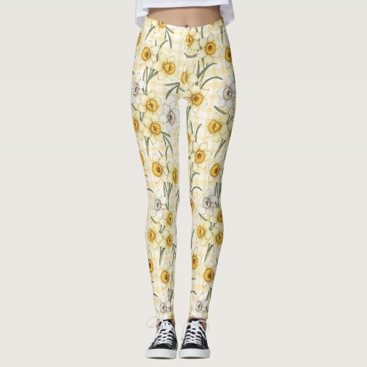 Botanisches Narzissen-Karo-Muster Leggings (Vorderseite)
