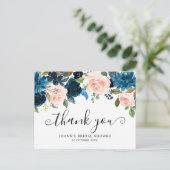 Botanisches Navy Blue Floral Brautparty Vielen Dan Postkarte (Stehend Vorderseite)